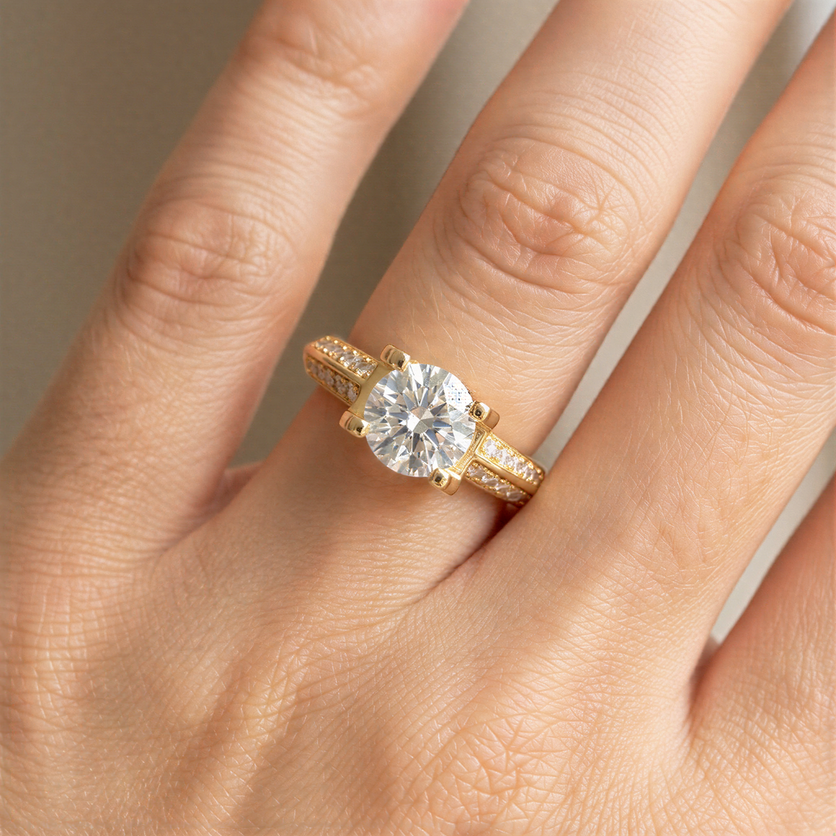 Suspension Pave Ring with White Round Stone – on Yellow Gold