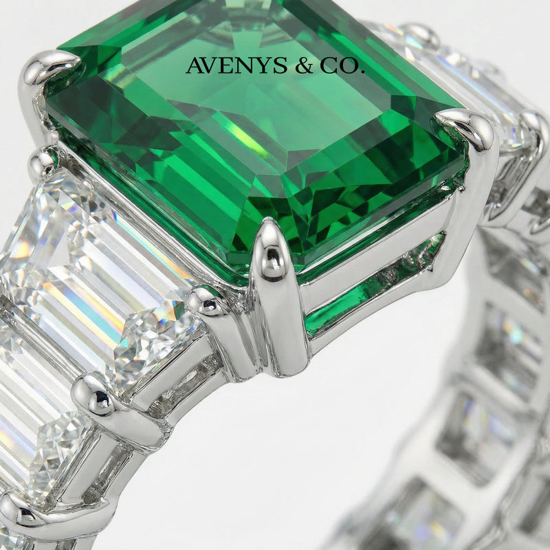 Princess Eternity Ring with Green Radiant Stone – on White Gold