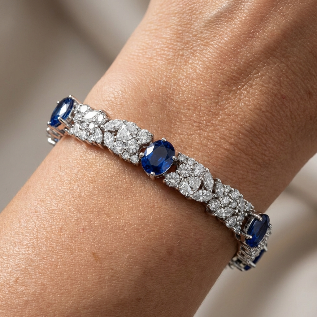 White Gold Tennis Bracelet with Deep Blue Oval Sapphires