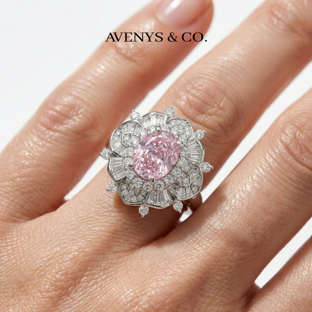 Bloom Burst Ring with Pink Oval Stone – on White Gold