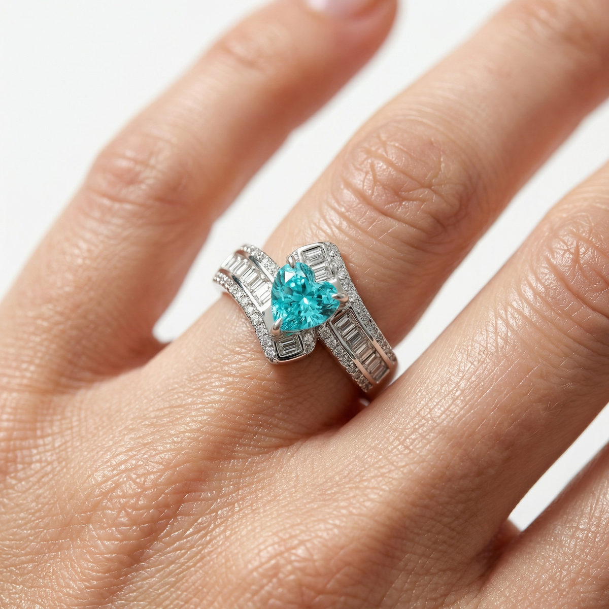 Bypass Pave Ring with Paraiba Heart Stone – on White Gold