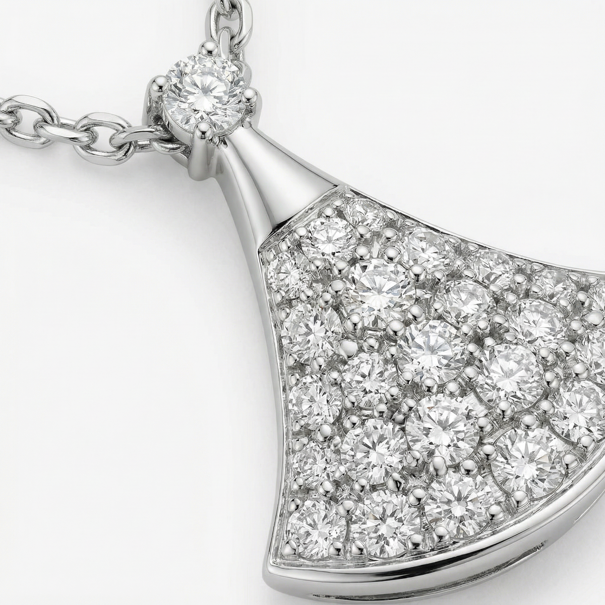 Fan Pave Necklace with White Round Stone – on White Gold