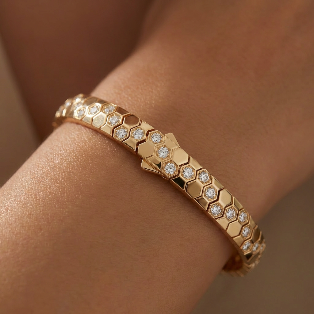 Honeycomb Wide Bracelet with White Round Stone – on Yellow Gold
