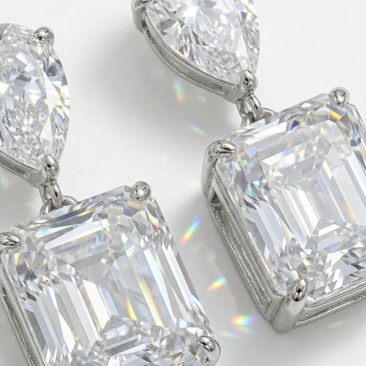 Square Radiant Earrings with White Radiant Stone – on White Gold