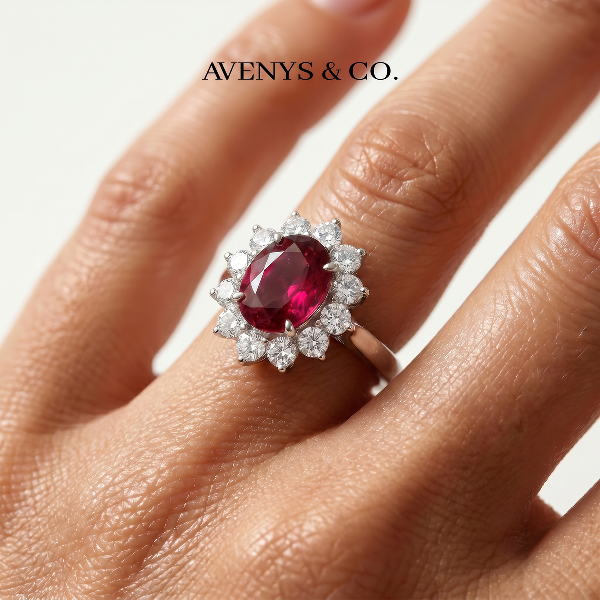 Classic Halo Ring with Red Oval Stone – on White Gold