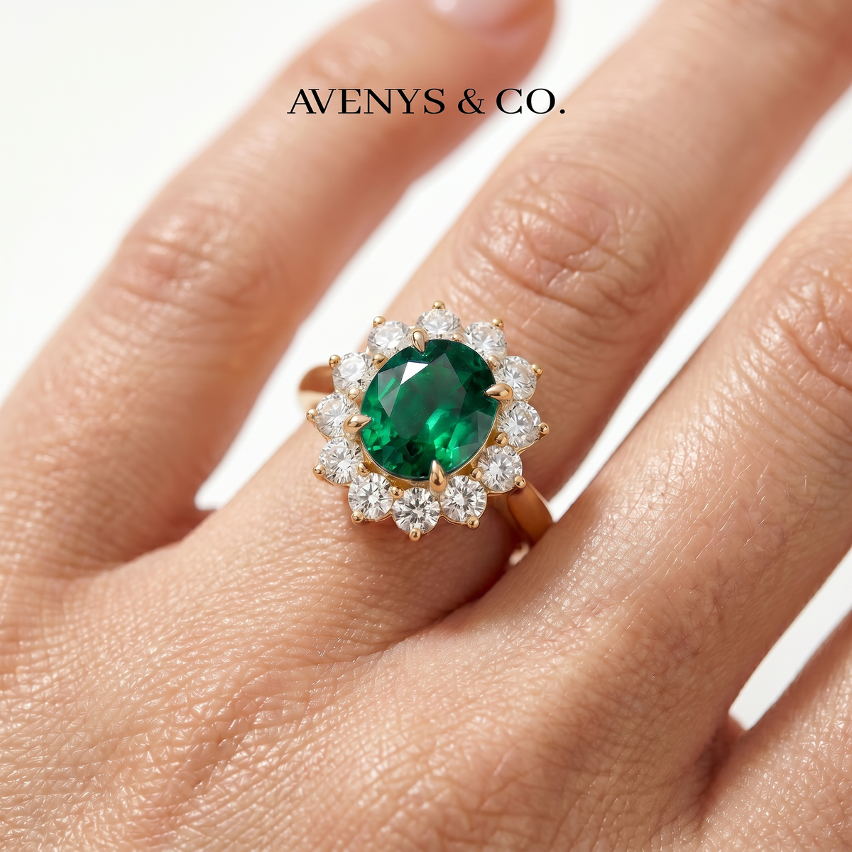 Classic Halo Ring with Green Oval Stone – on Yellow Gold