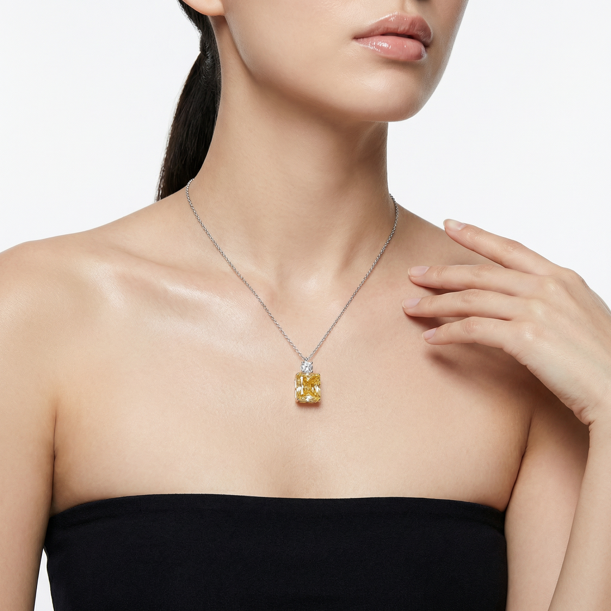 Radiant Pendant Necklace with Yellow Radiant Stone – on White Gold