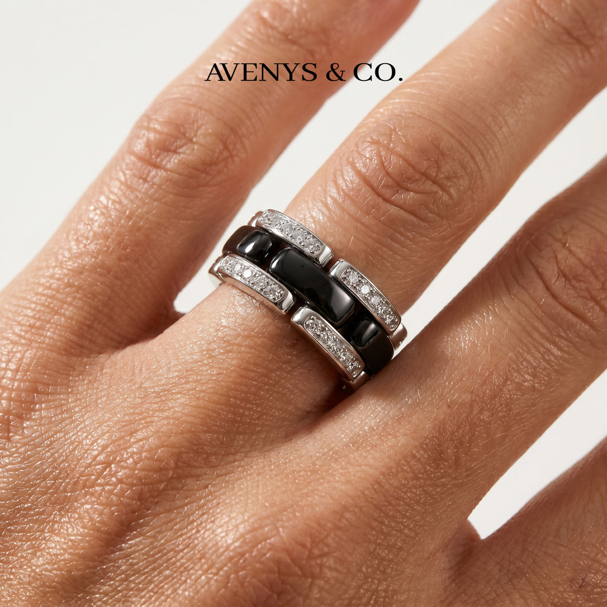 Connected Ring with Black Round Stone – on White Gold