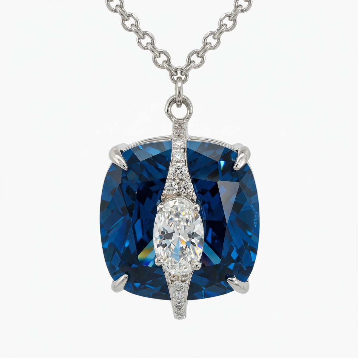 Embrace Pave Necklace with Blue Cushion Stone – on White Gold