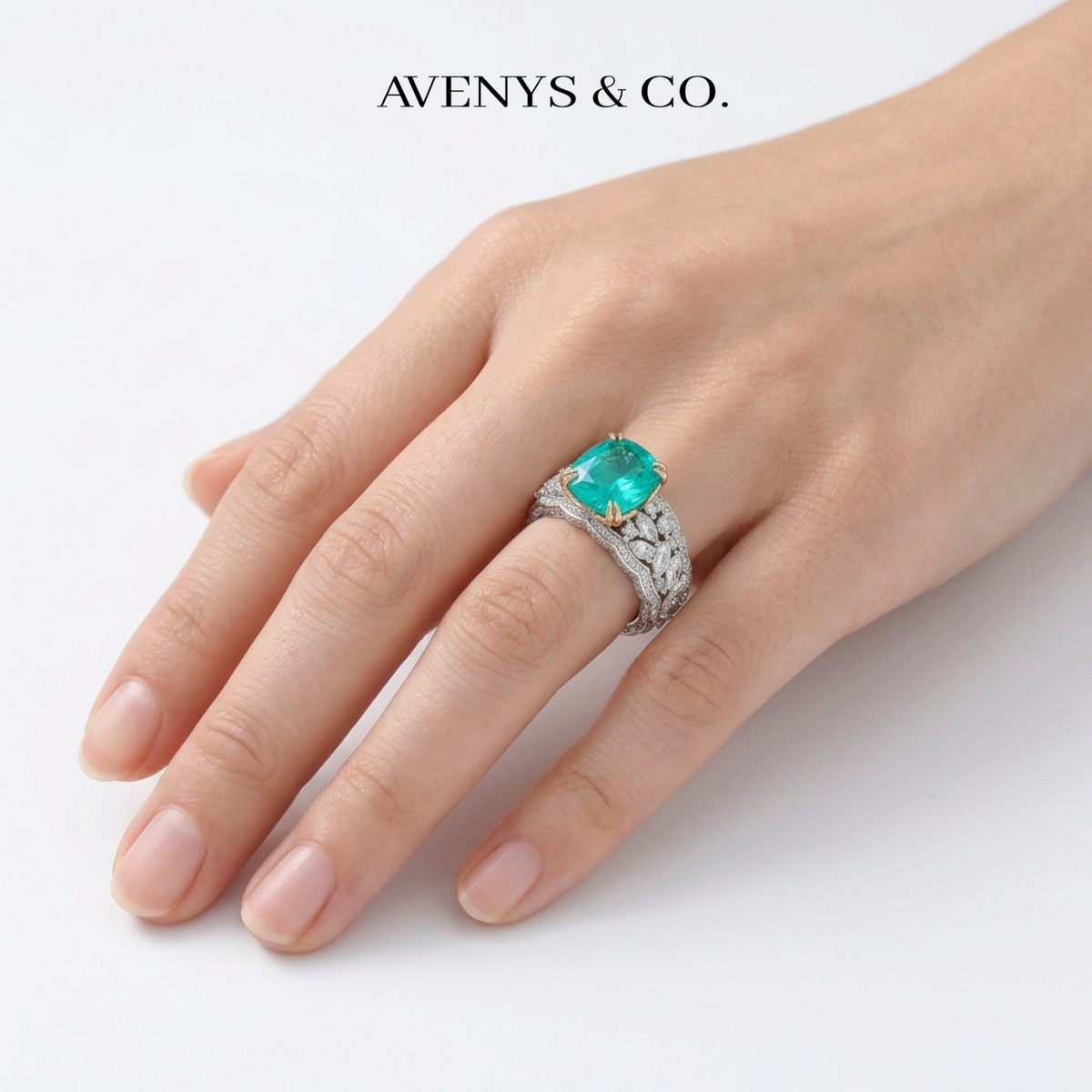 "The Oceanique" - Lab Paraiba Tourmaline and Lab Diamond Pavé Ring in 18k White Gold