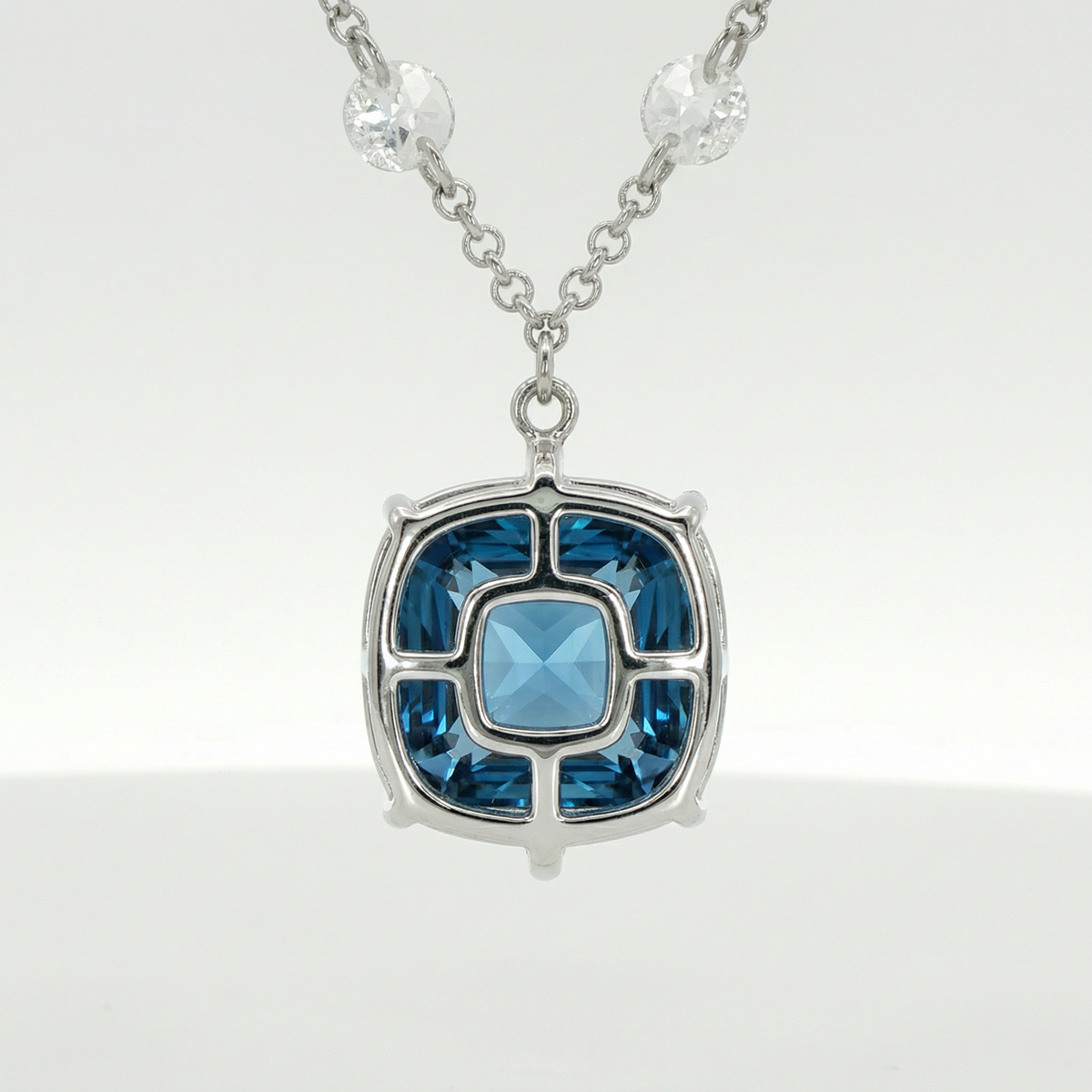 Embrace Pave Necklace with Blue Cushion Stone – on White Gold