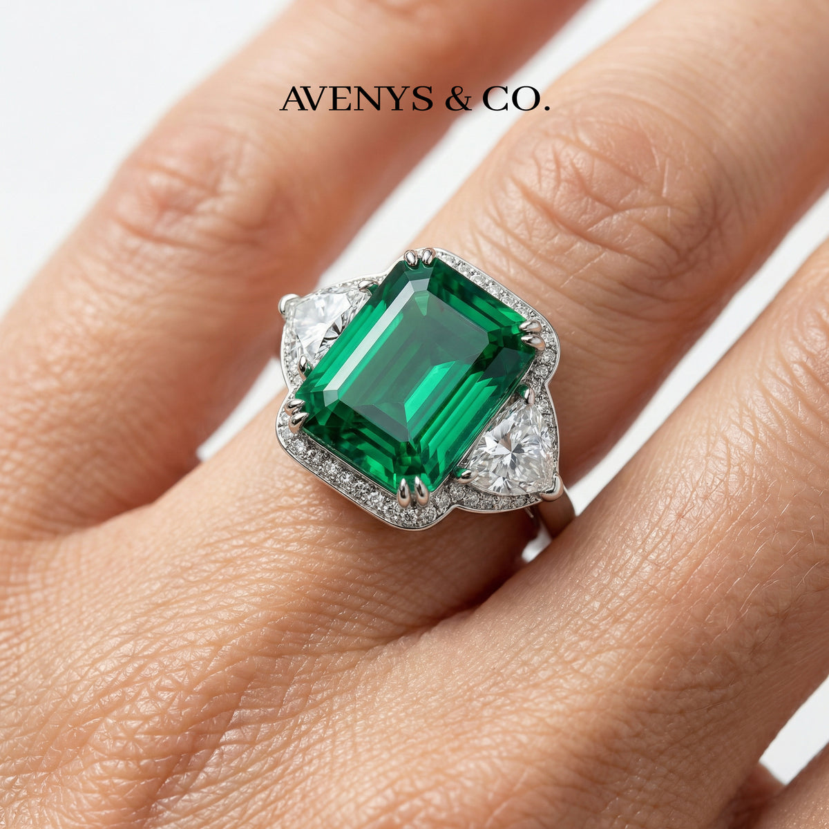Queens Radiant Ring with Green Radiant Stone – on White Gold