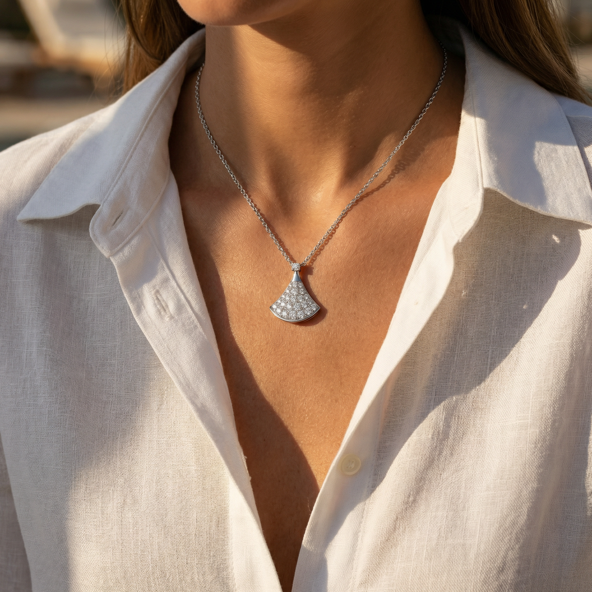 Fan Pave Necklace with White Round Stone – on White Gold
