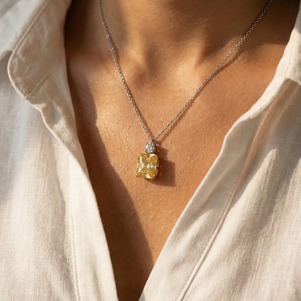 Radiant Pendant Necklace with Yellow Radiant Stone – on White Gold