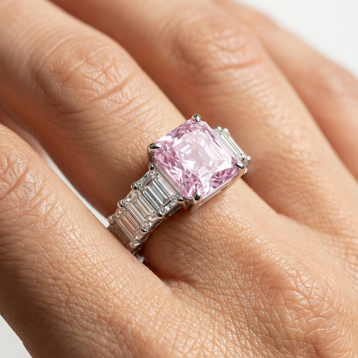 Princess Eternity Ring with Pink Radiant Stone – on White Gold