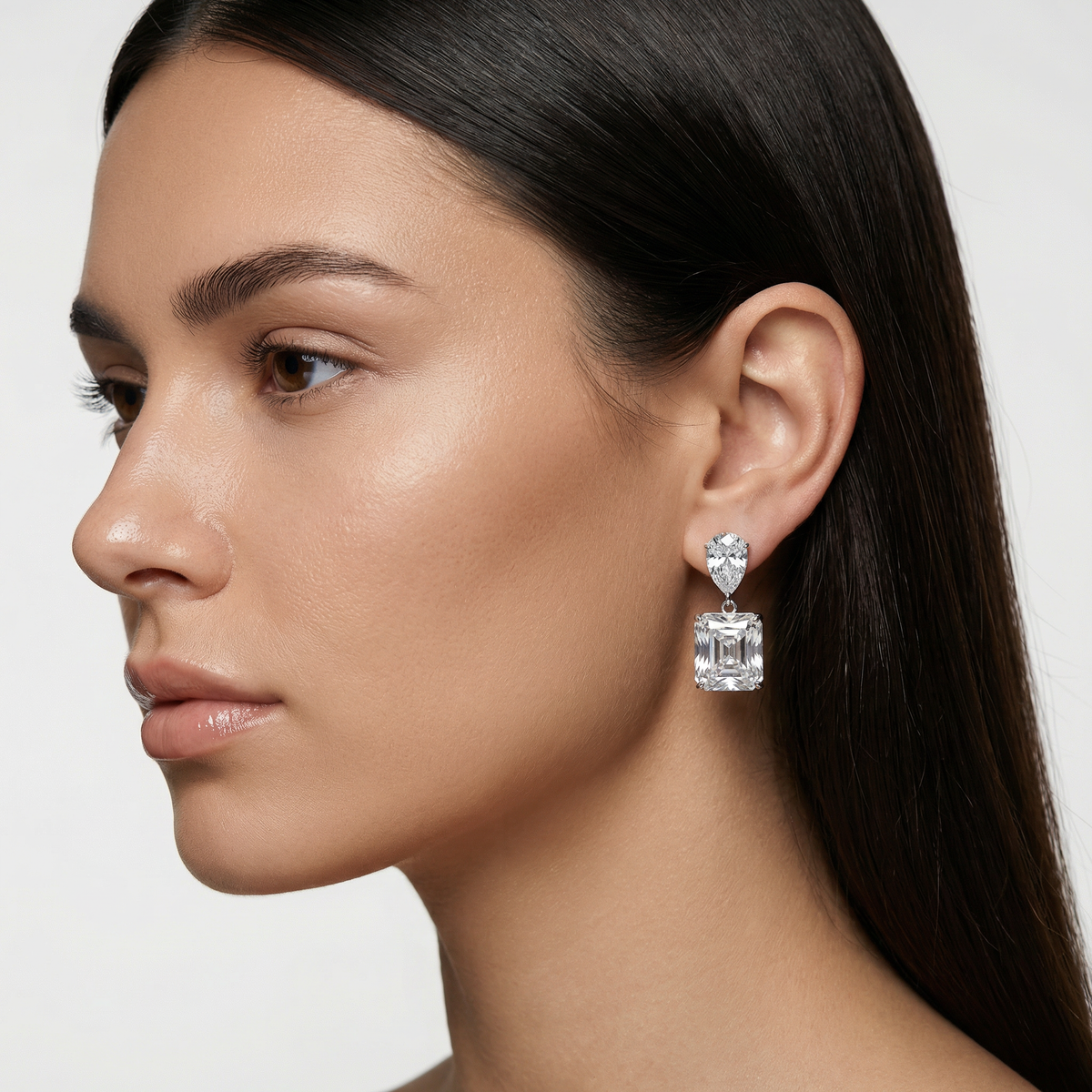 Square Radiant Earrings with White Radiant Stone – on White Gold