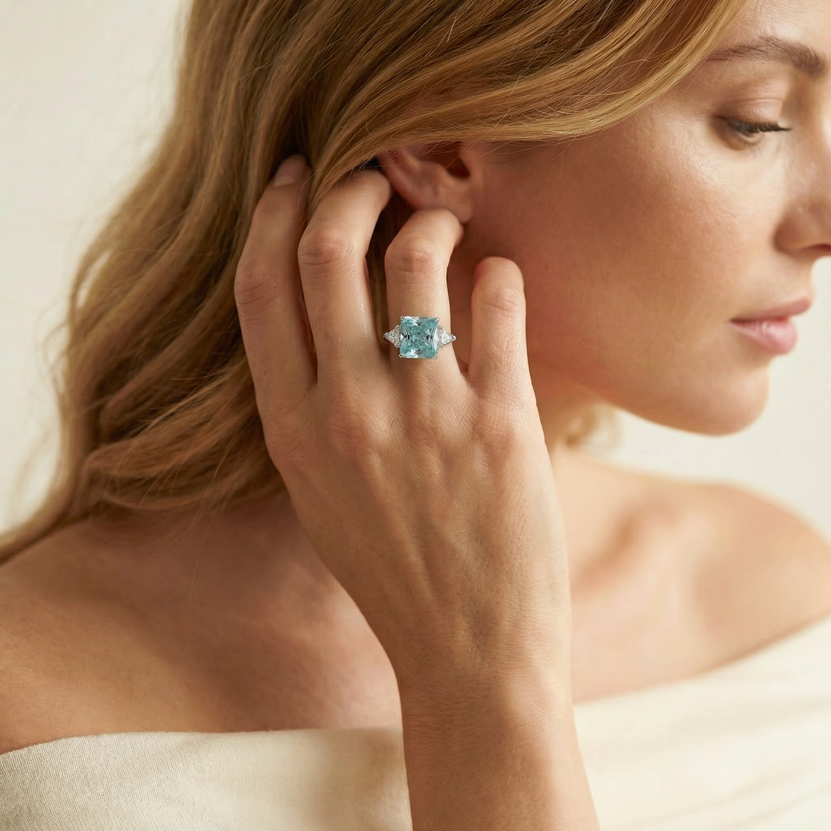 Square Radiant Ring with Aquamarine Radiant Stone – on White Gold