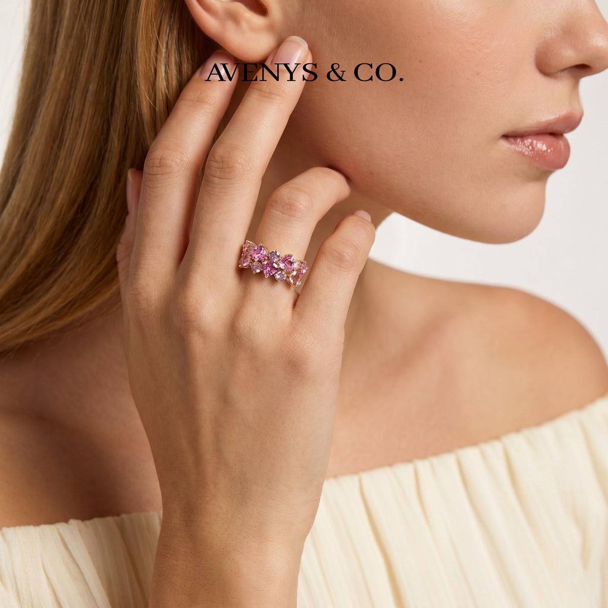 Pink Petals Ring with Pink Heart Stone – on Yellow Gold