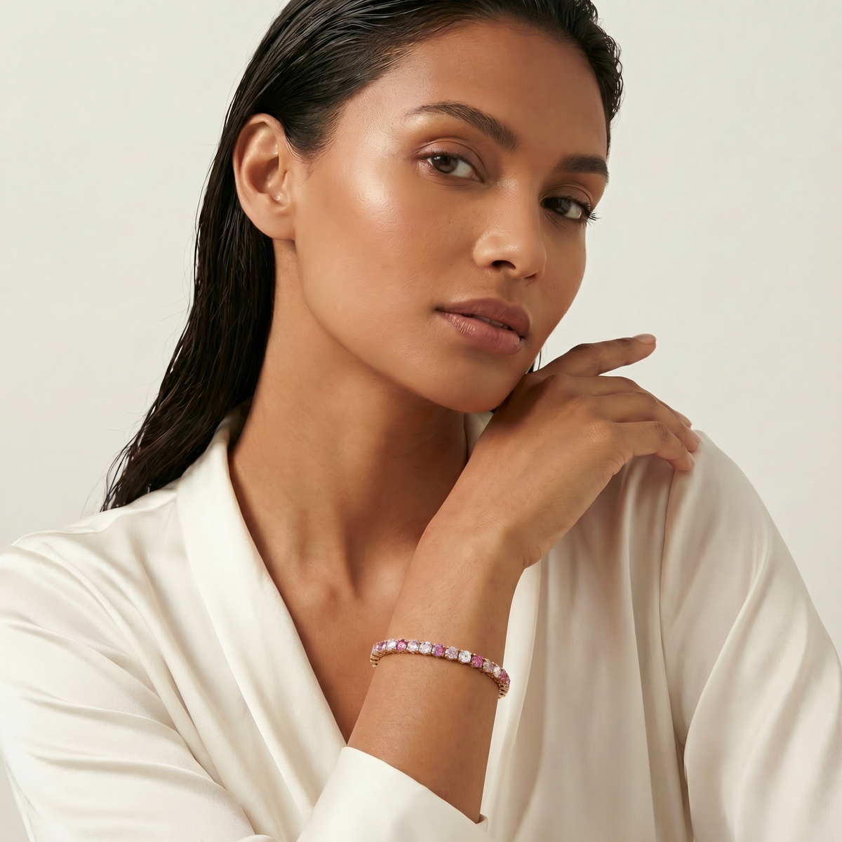 Rose Tennis Bracelet with Pink Round Stone – on Rose Gold