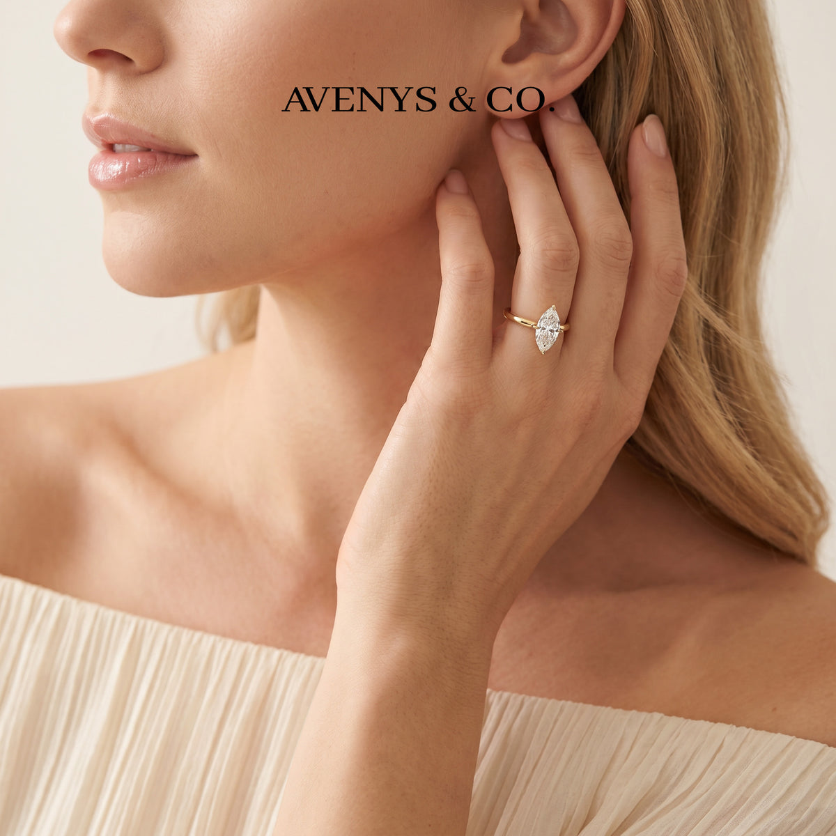 Marquis Solitaire Ring with White Marquise Stone – on Yellow Gold