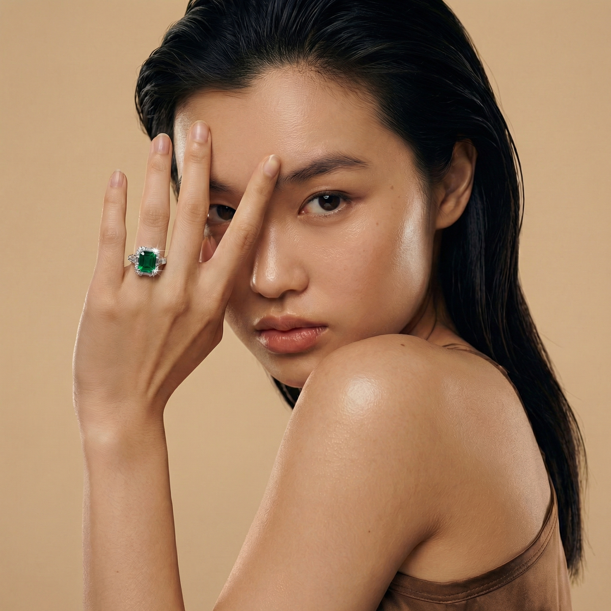 Eden Frame Ring with Green Radiant Stone – on White Gold