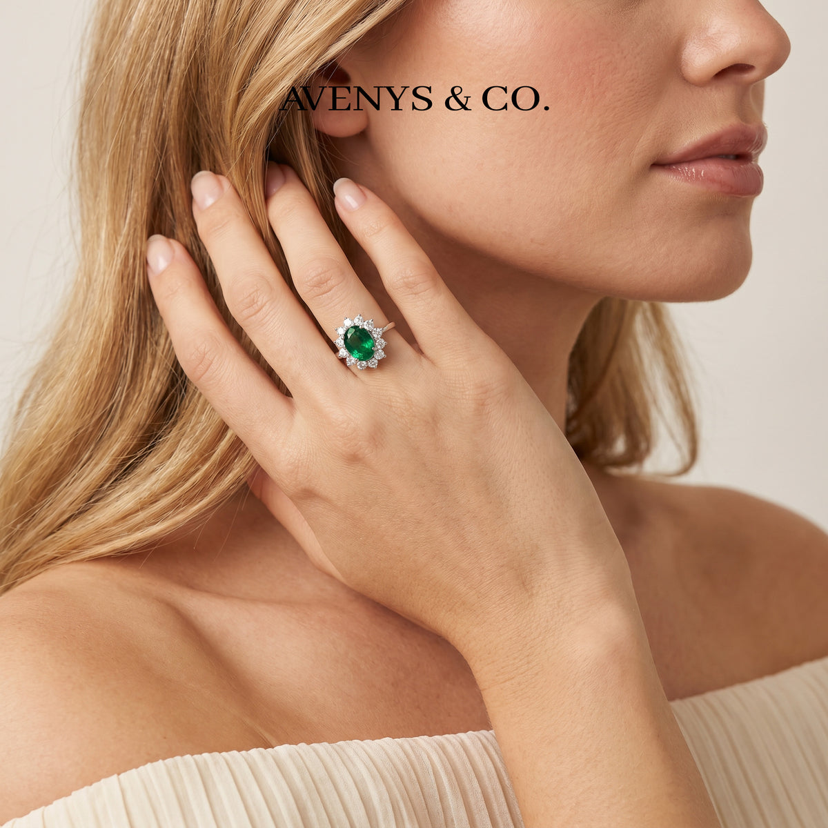 Classic Halo Ring with Green Oval Stone – on White Gold