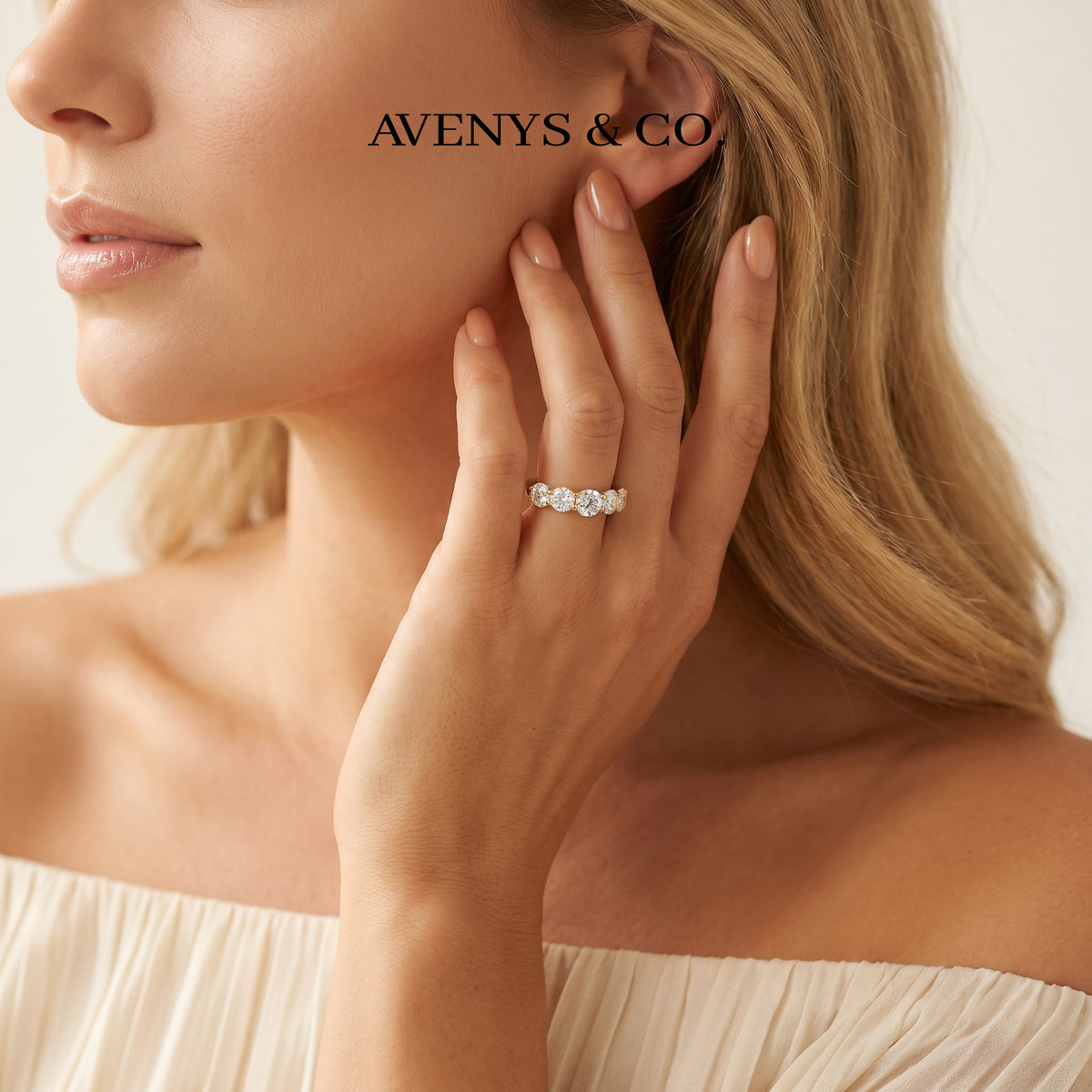 Five Stone Ring with White Round Stone – on Yellow Gold