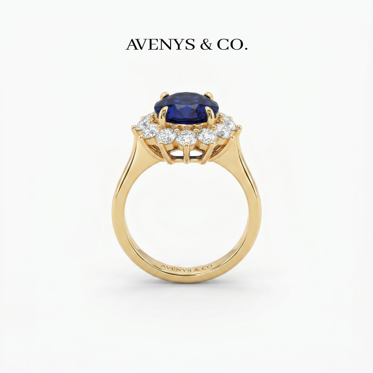 Classic Halo Ring with Blue Oval Stone – on Yellow Gold