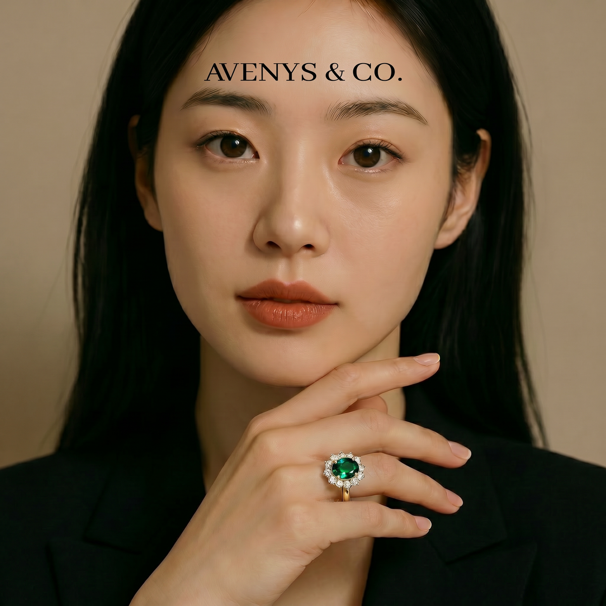 Classic Halo Ring with Green Oval Stone – on Yellow Gold