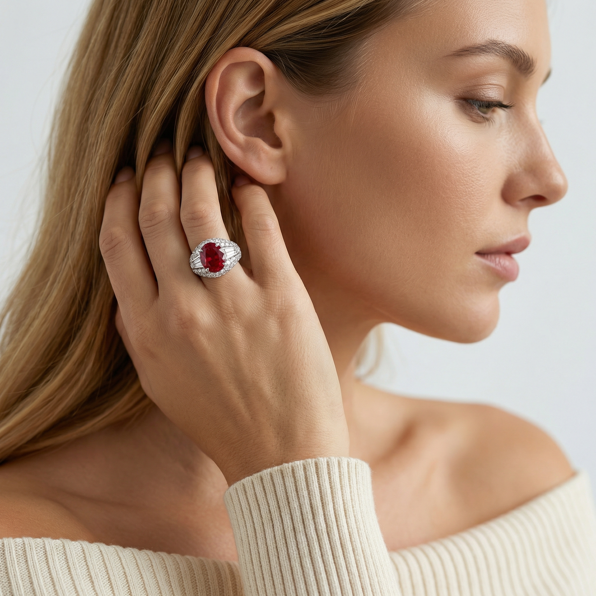 White Gold Plated Sterling Silver Multi-Stone Ring with Red Ruby