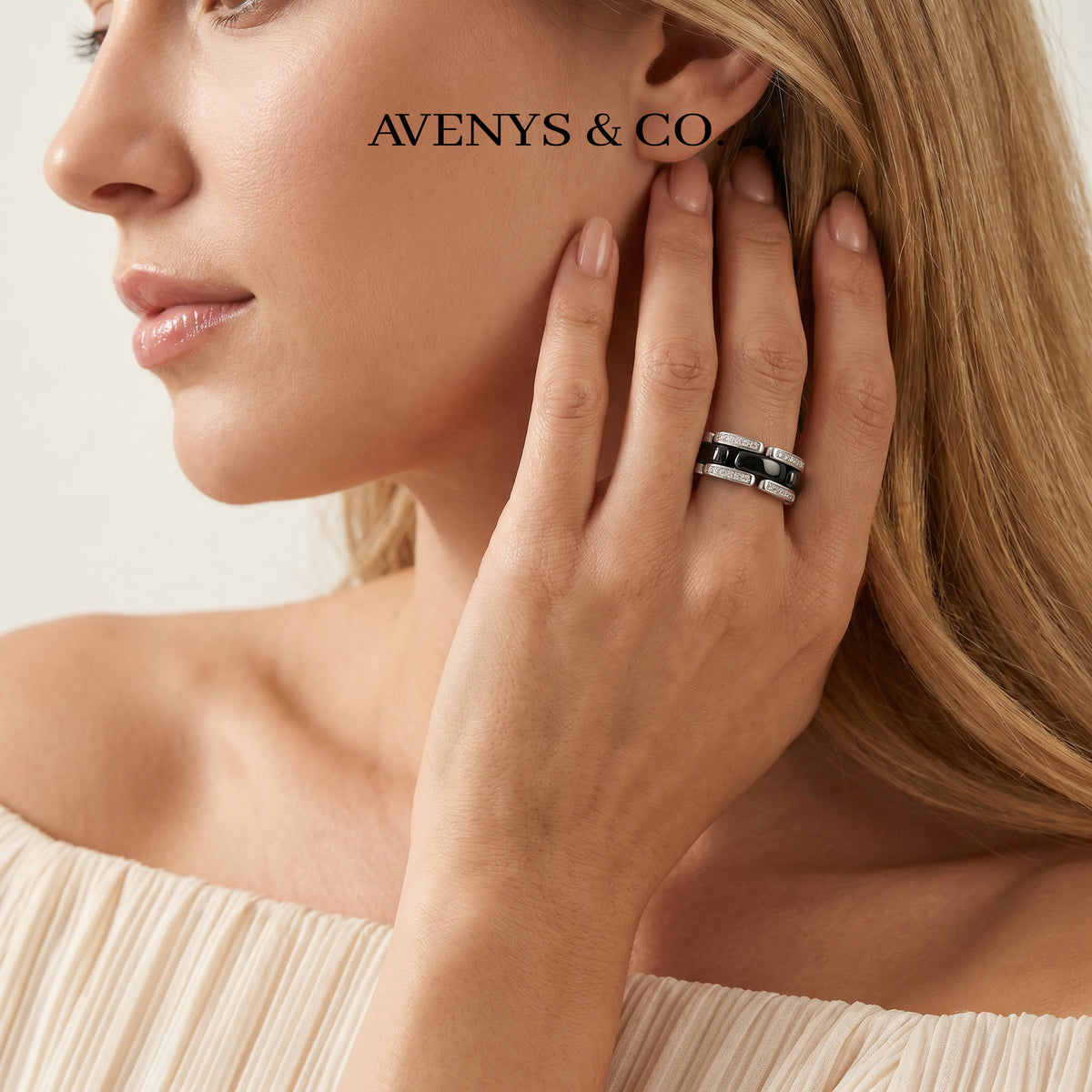 Connected Ring with Black Round Stone – on White Gold