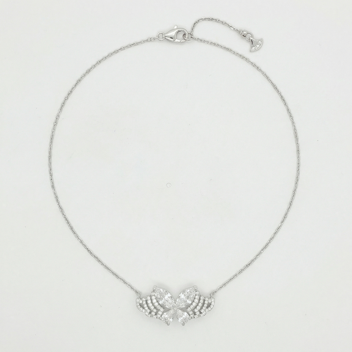 White Gold Plated Silver Butterfly Charm Necklace with Pear Cut Diamonds