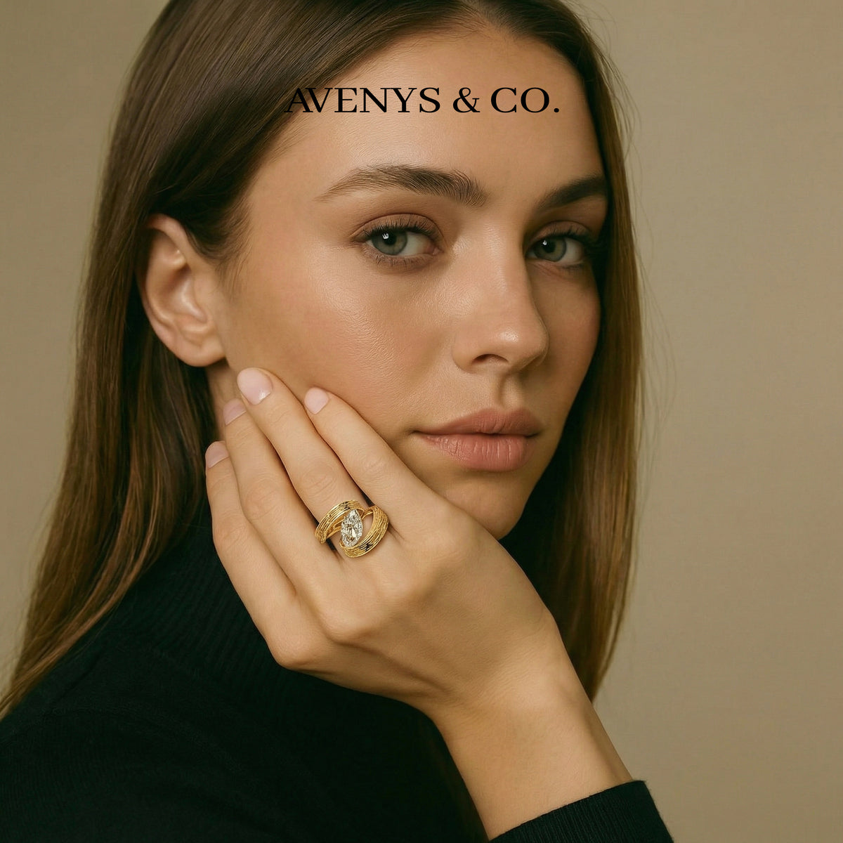 Bypass Terra Ring with White Marquise Stone – on Yellow Gold