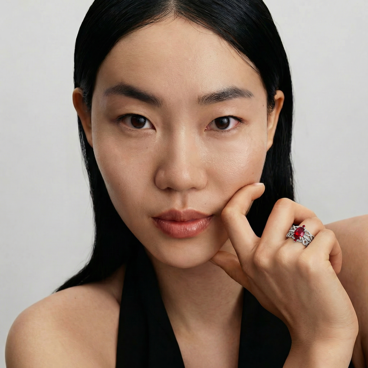 Triple Stacking Ring with Avenys Prestige Created Square Oval Pigeon Blood Ruby – on White Gold
