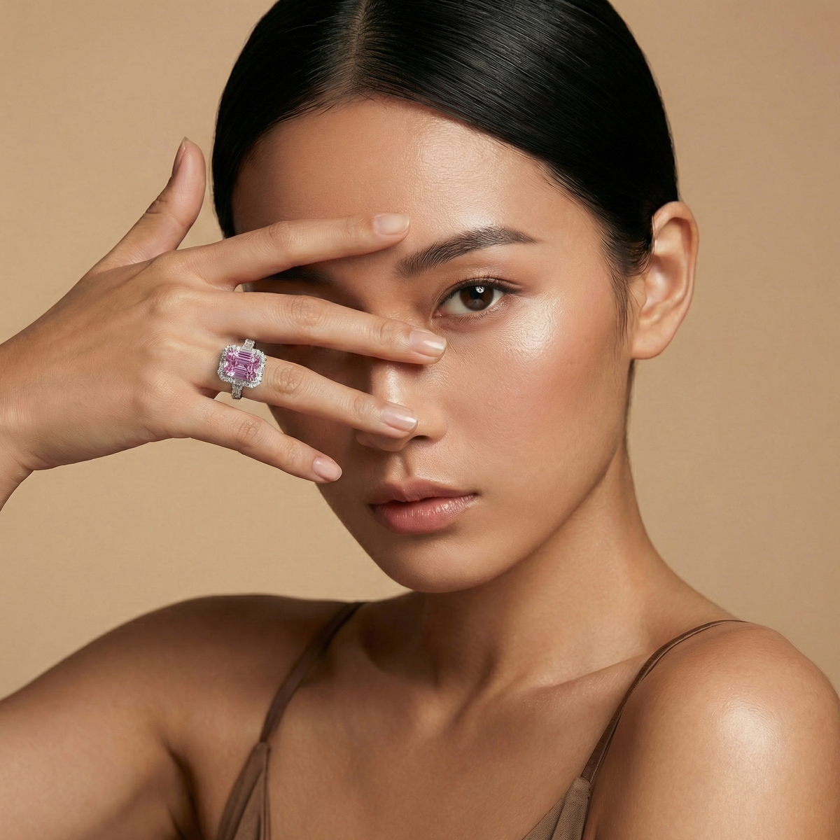 Eden Frame Ring with Purple Radiant Stone – on White Gold