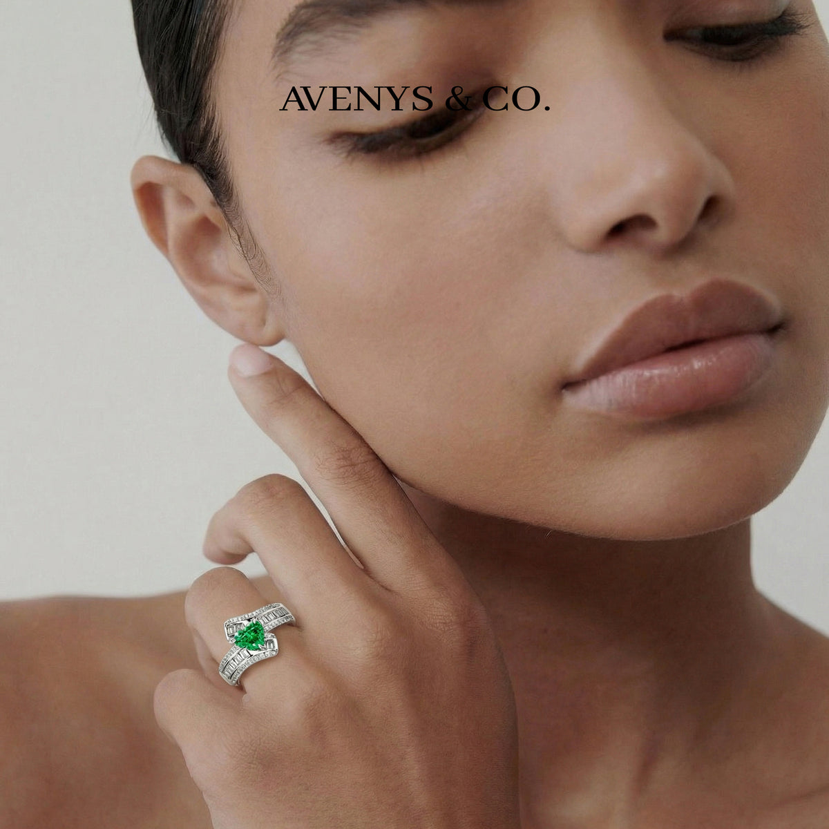 Bypass Pave Ring with Green Heart Stone – on White Gold