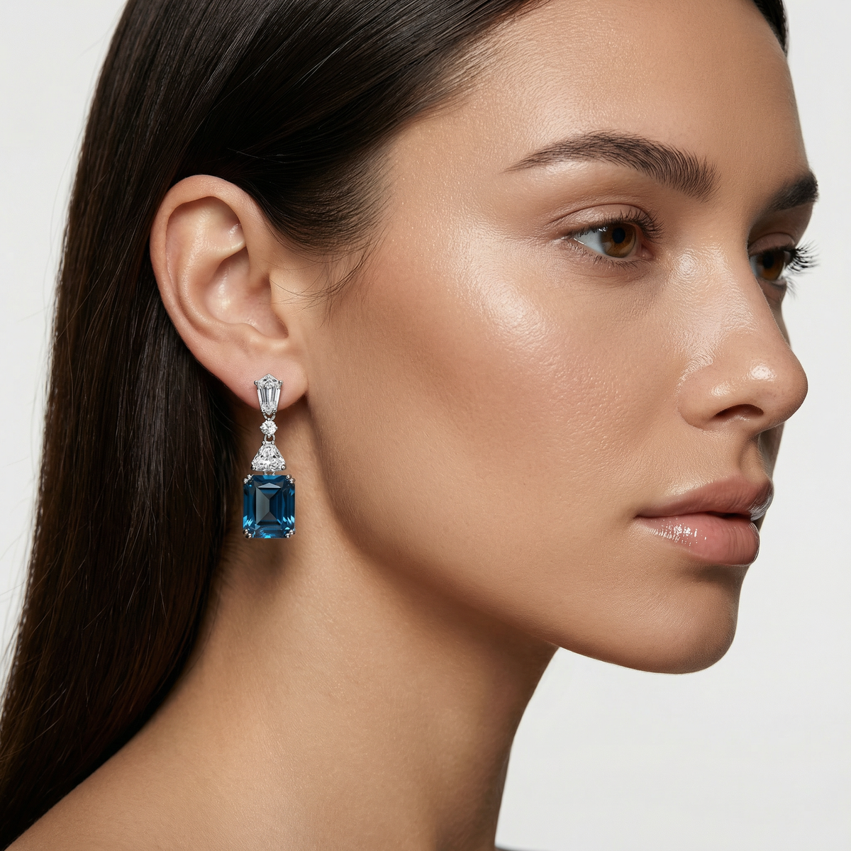 Radiant Drop Earrings with Blue Radiant Stone – on White Gold