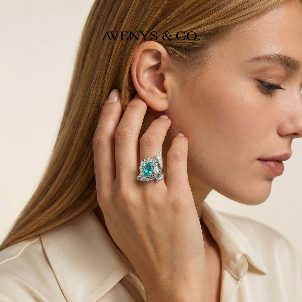 Siren Pave Ring with Paraiba Pear Stone – on White Gold