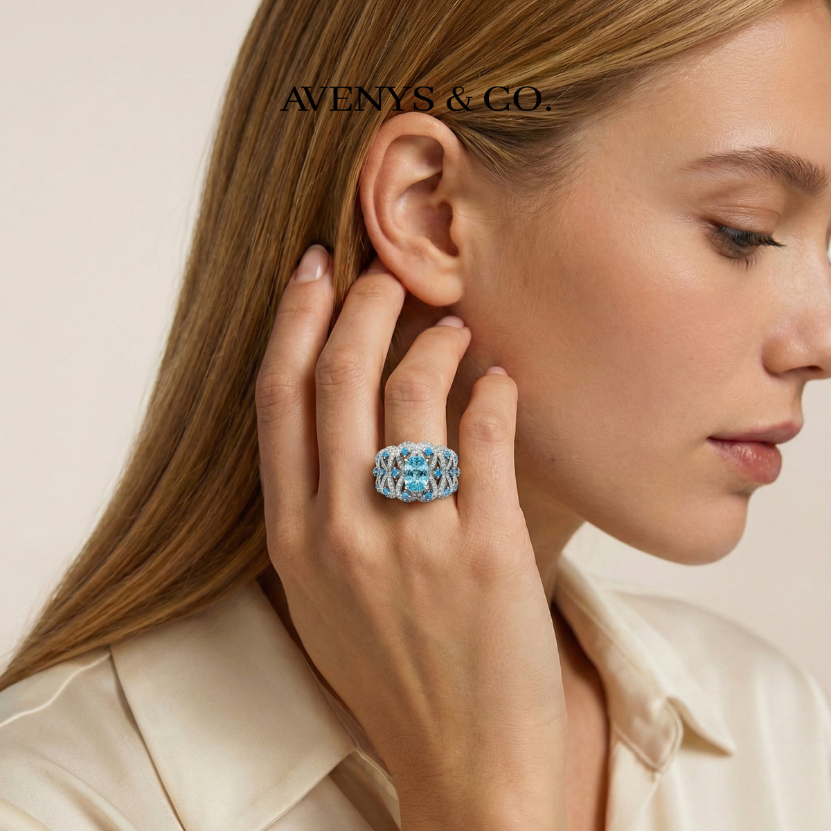 Floral Garden Ring with Aquamarine Oval Stone – on White Gold