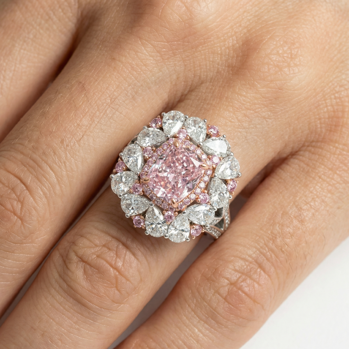 Royal Flower Halo Ring with Pink Cushion Stone – on White Gold