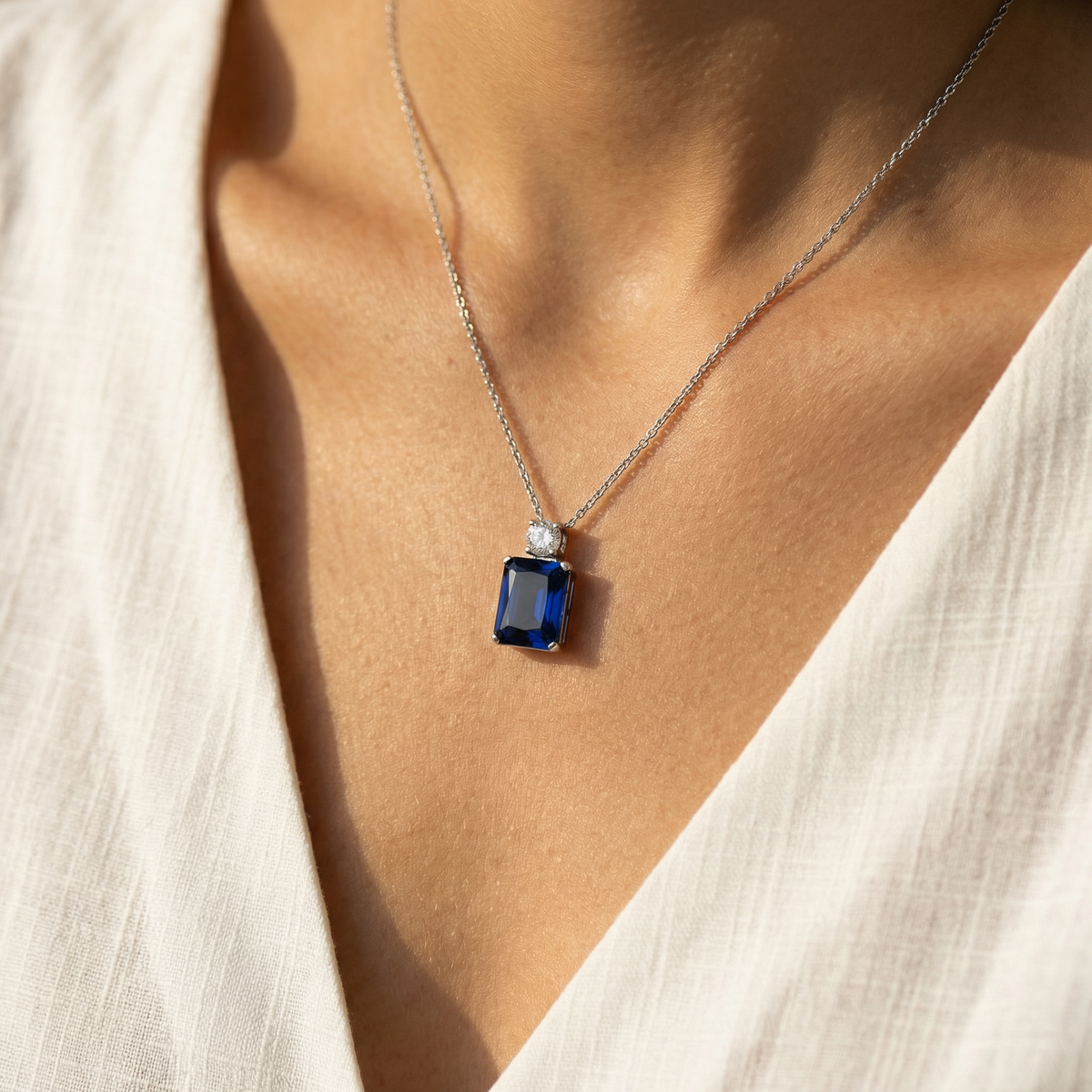 Radiant Pendant Necklace with Blue Radiant Stone – on White Gold