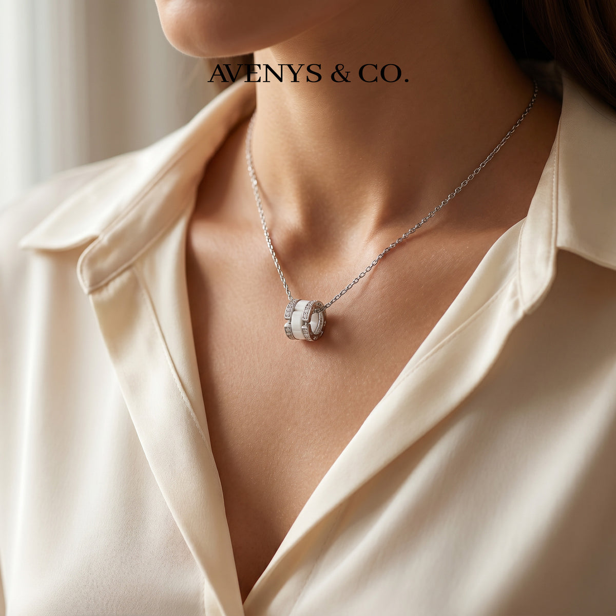 Connected Necklace with White Round Stone – on White Gold