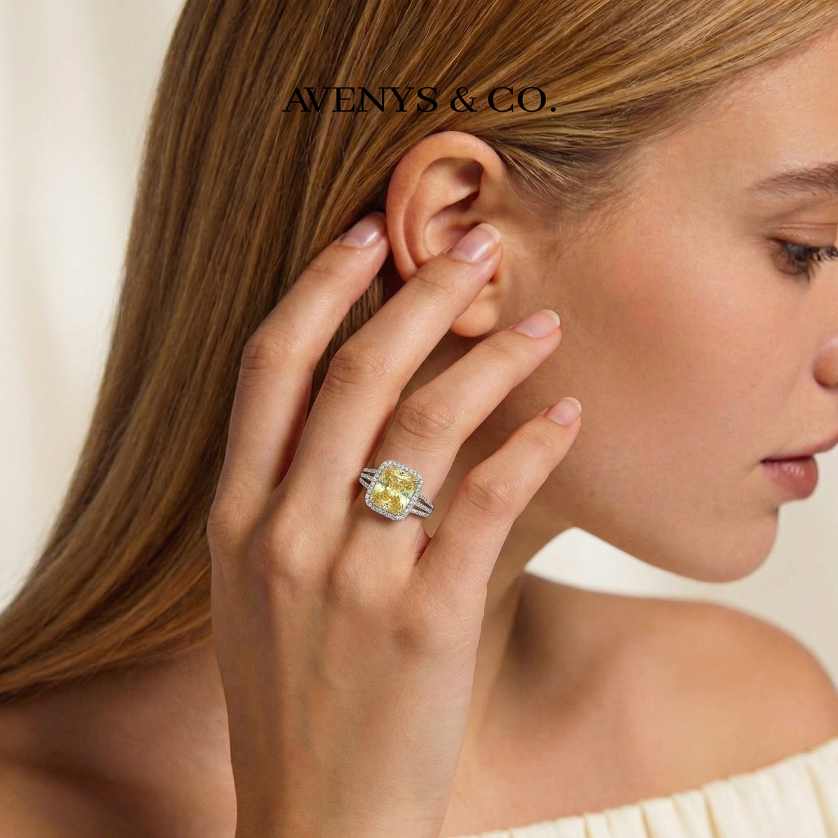 Triple Shank Radiant Ring with Yellow Radiant Stone – on White Gold