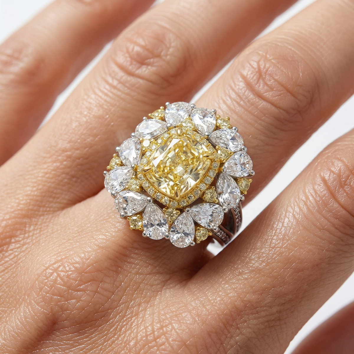 Royal Flower Halo Ring with Yellow Cushion Stone – on White Gold