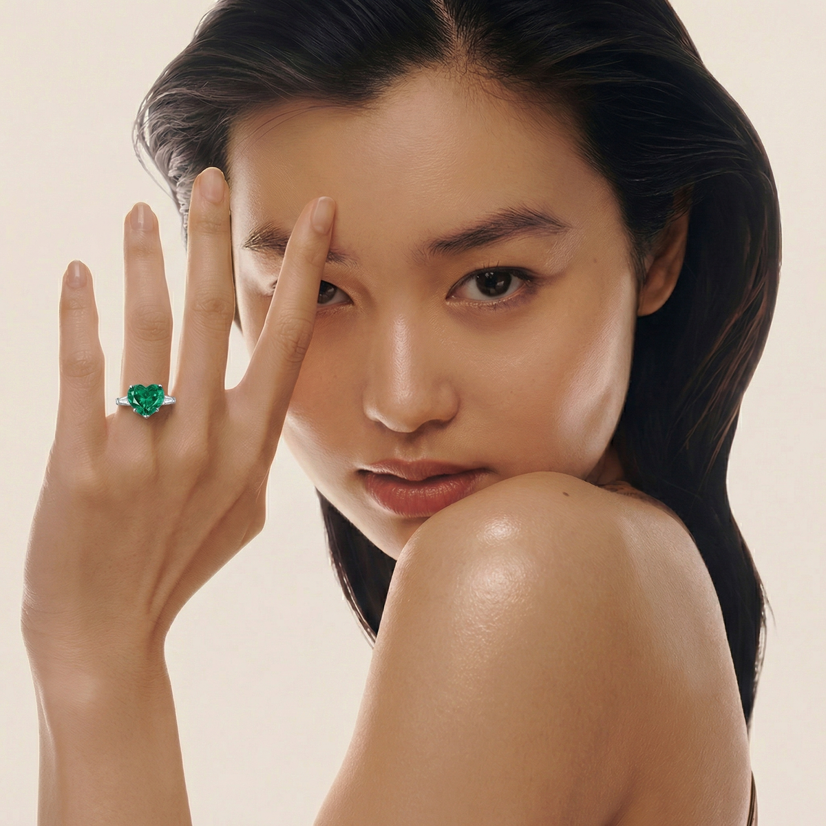 Love Heart Trilogy with Green Heart Stone – on White Gold