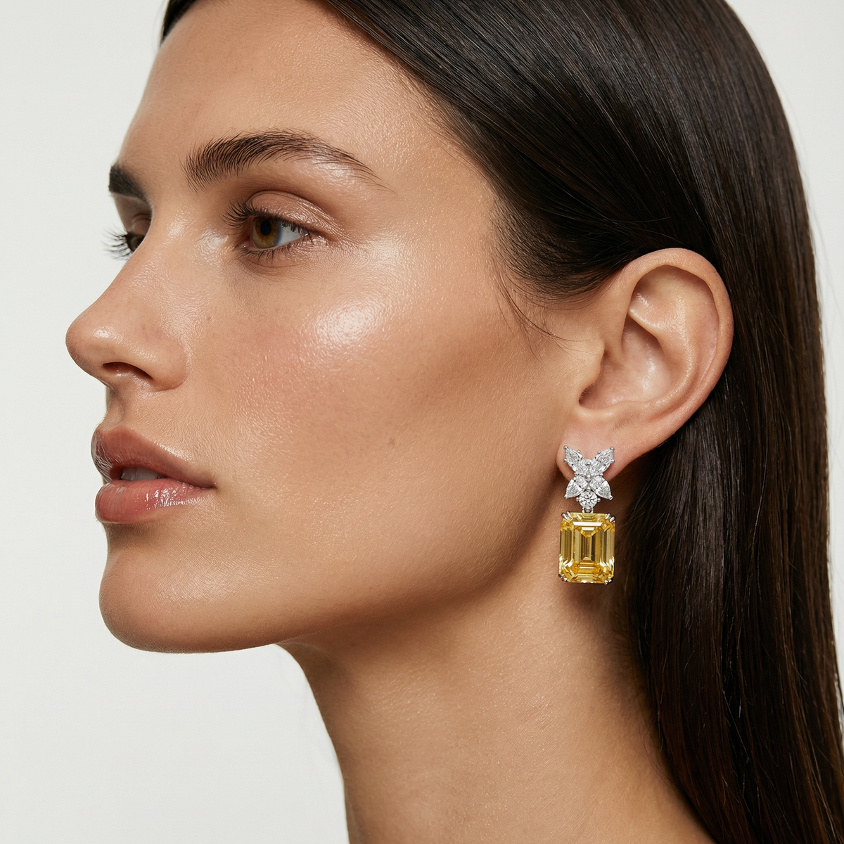 Emerald Drop Earrings with Yellow Emerald Stone – on White Gold