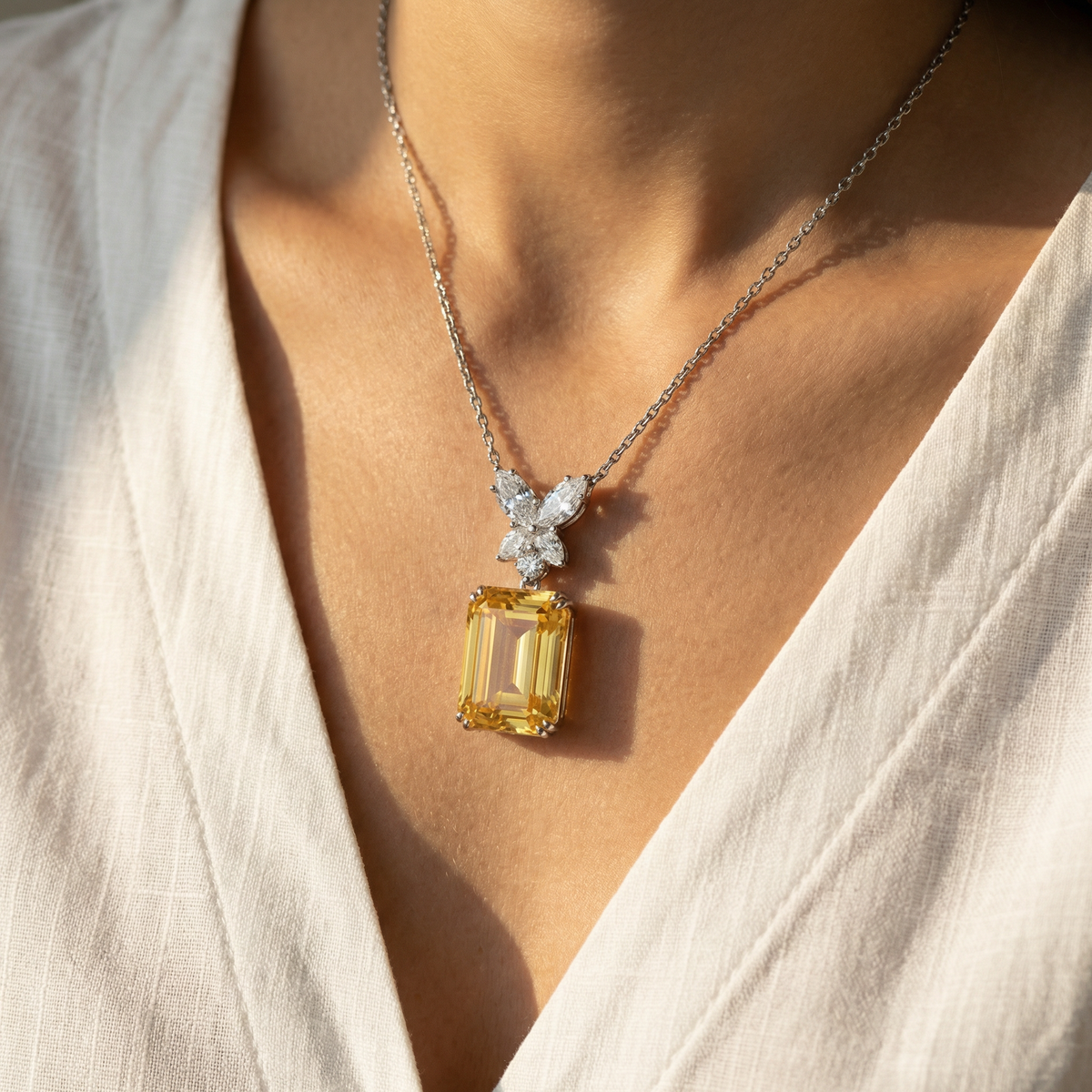Emerald Necklace  with Yellow Emerald Stone – on White Gold