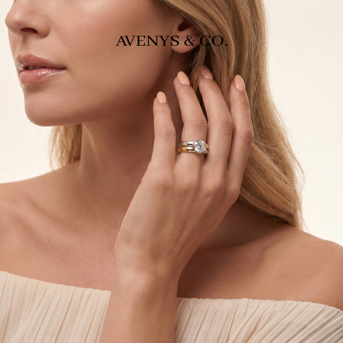 Double Stacking Solitaire Ring with White Round Stone – on Yellow Gold