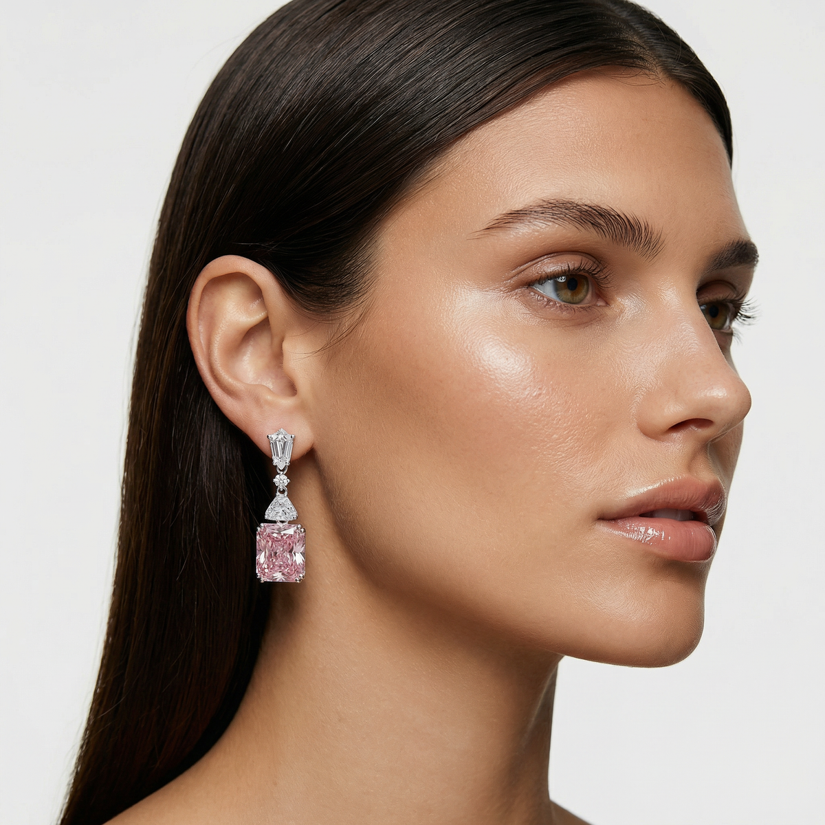Radiant Drop Earrings with Pink Radiant Stone – on White Gold