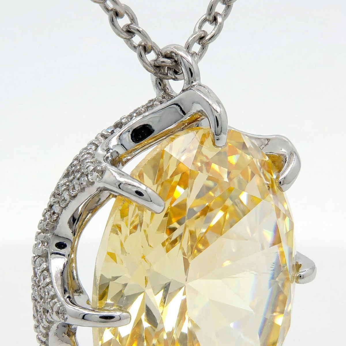 Queens Pendant Necklace with Yellow Oval Stone – on White Gold